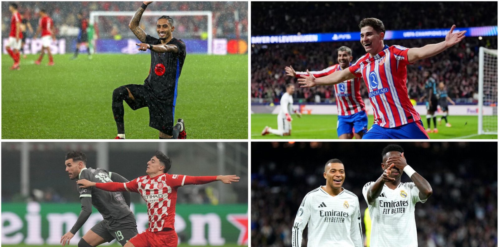 Montaje de fotos de FC Barcelona, Atlético de Madrid, Girona y Real Madrid en Champions