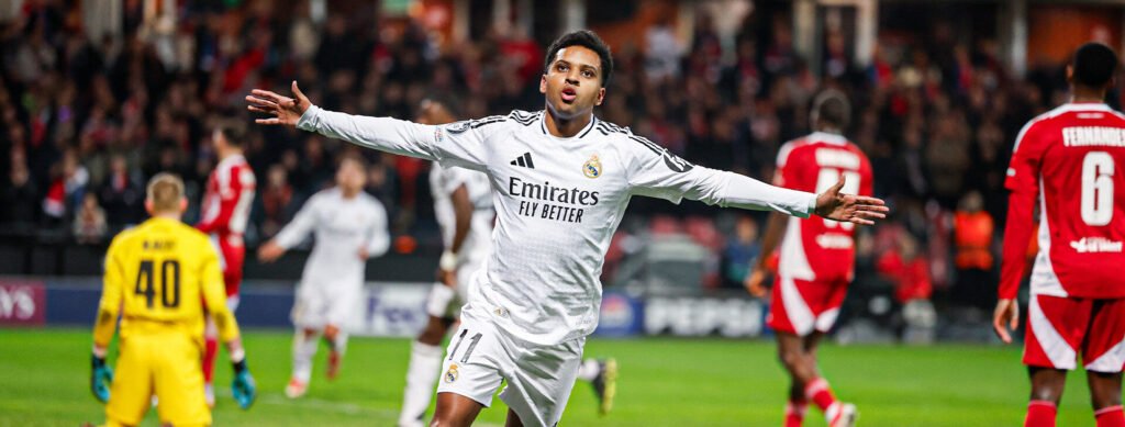 Rodrygo celebrando su gol ante en Brest
