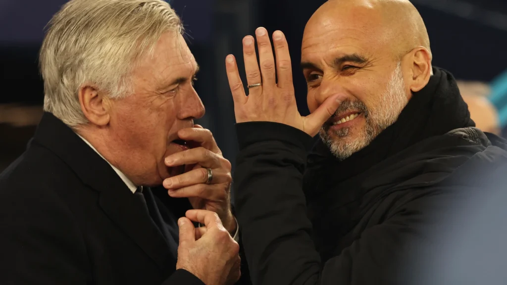 Carlo Ancelotti y Pep Guardiola en el encuentro de la ida
