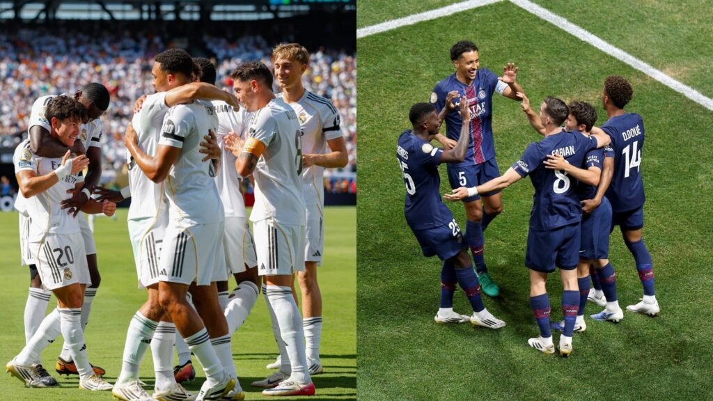 Jugadores del Real Madrid y PSG celerando un gol / Vía X: @RealMadrid y @PSG_inside