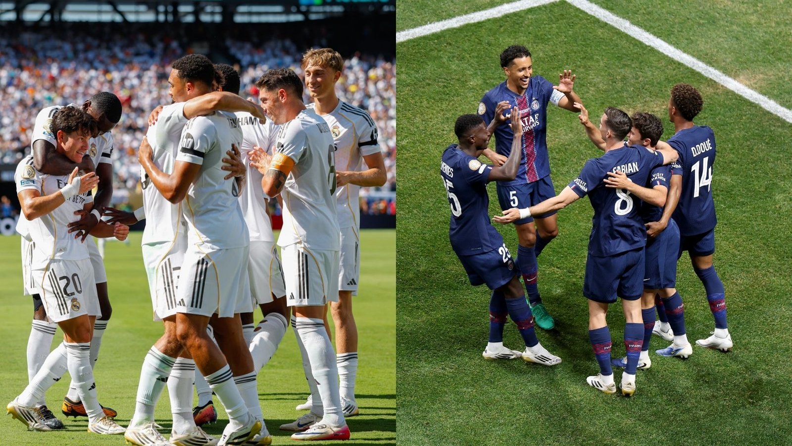 Jugadores del Real Madrid y PSG celerando un gol / Vía X: @RealMadrid y @PSG_inside