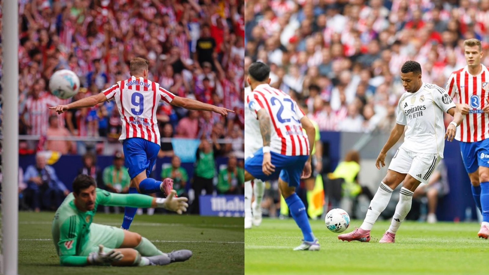 Sorloth celebrando el gol y Mbappé contra el Atlético/ Via: X @realmadrid @Atleti