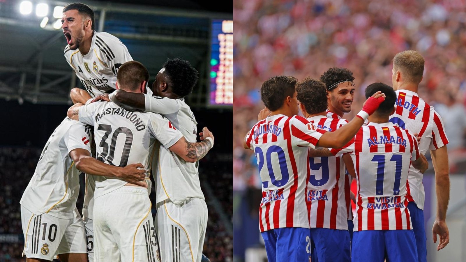 Jugadores del Real Madrid y Atleti celebrando un gol / Vía X: @RealMadrid y @Atleti