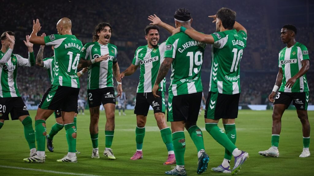 El conjunto verdiblanco celebra un tanto ante la Real Sociedad.