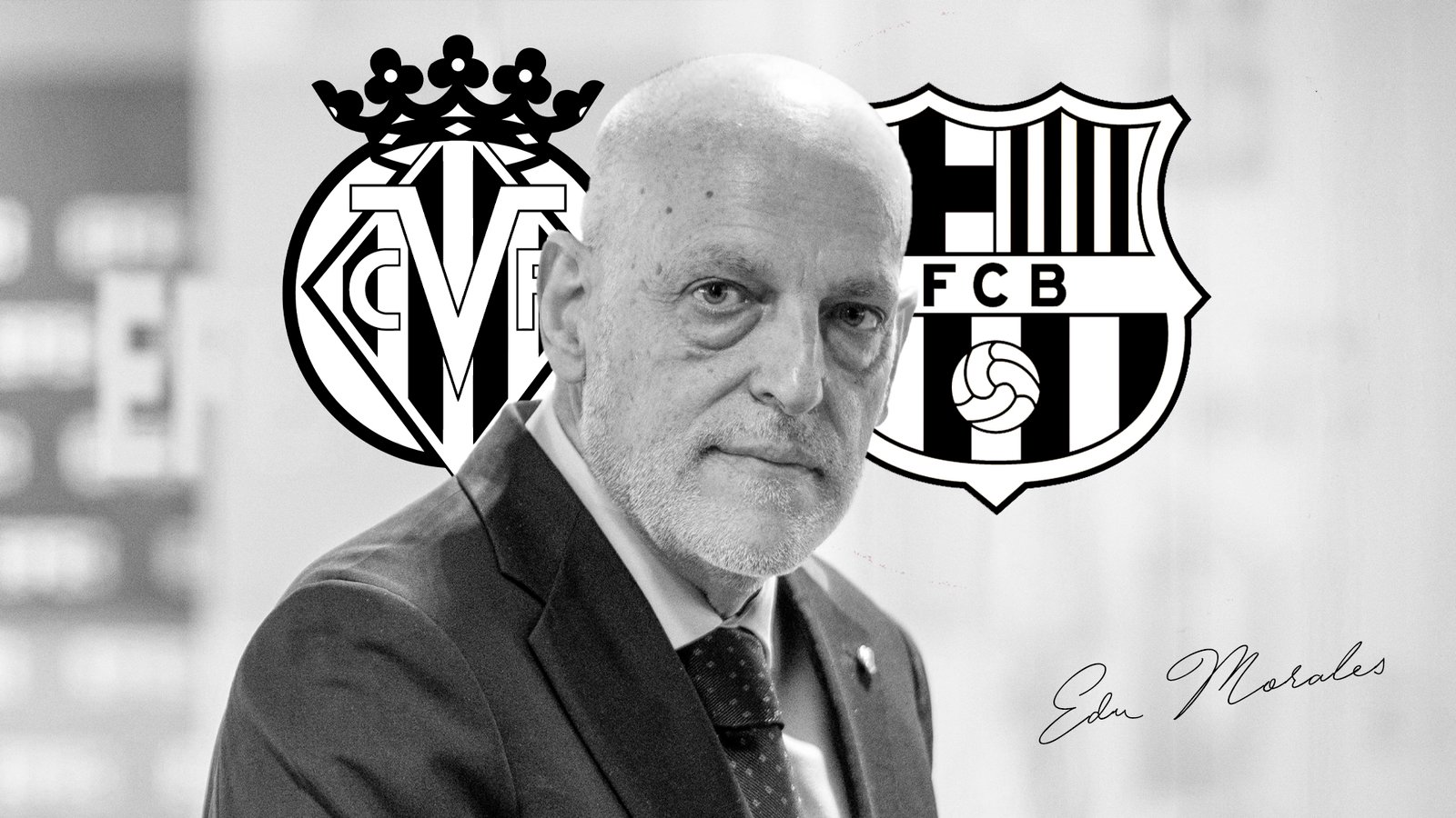 Cancelado Villarreal - Barça en Miami / Montaje Javier Tebas con los escudos de Villarreal y FC Barcelona / Elaboración propia
