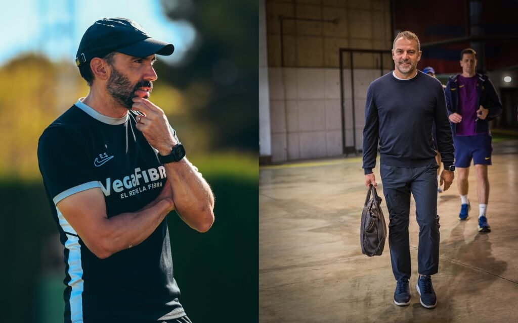 Eder Sarabia y Flick, entrenadores del Elche y Barcelona