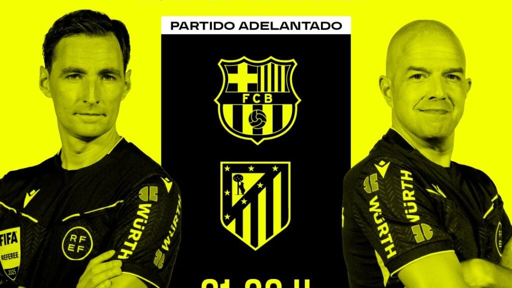 El cartel de los árbitros del Atlético de Madrid vs FC Barcelona.