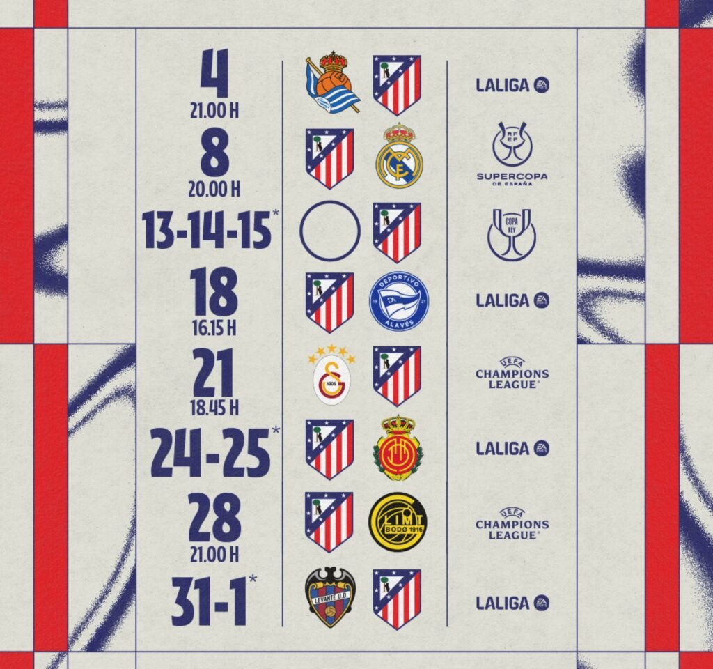 Calendario de partidos del Atlético de Madrid en enero de 2026 con Liga, Copa del Rey, Champions y Supercopa./ Vía: @atleticodemadrid