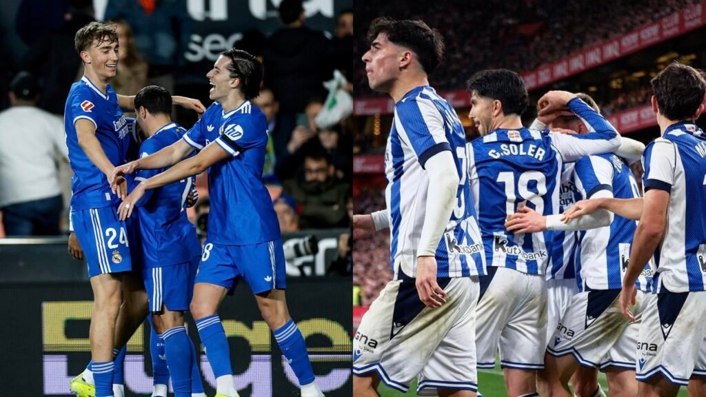 Jugadores del Real Madrid y de la Real Sociedad celebrando goles / Via: X @realmadrid @RealSociedad