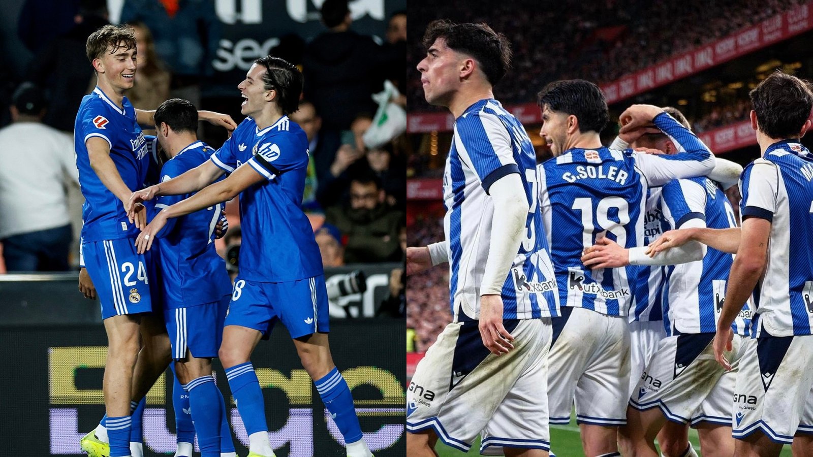 Jugadores del Real Madrid y de la Real Sociedad celebrando goles / Via: X @realmadrid @RealSociedad