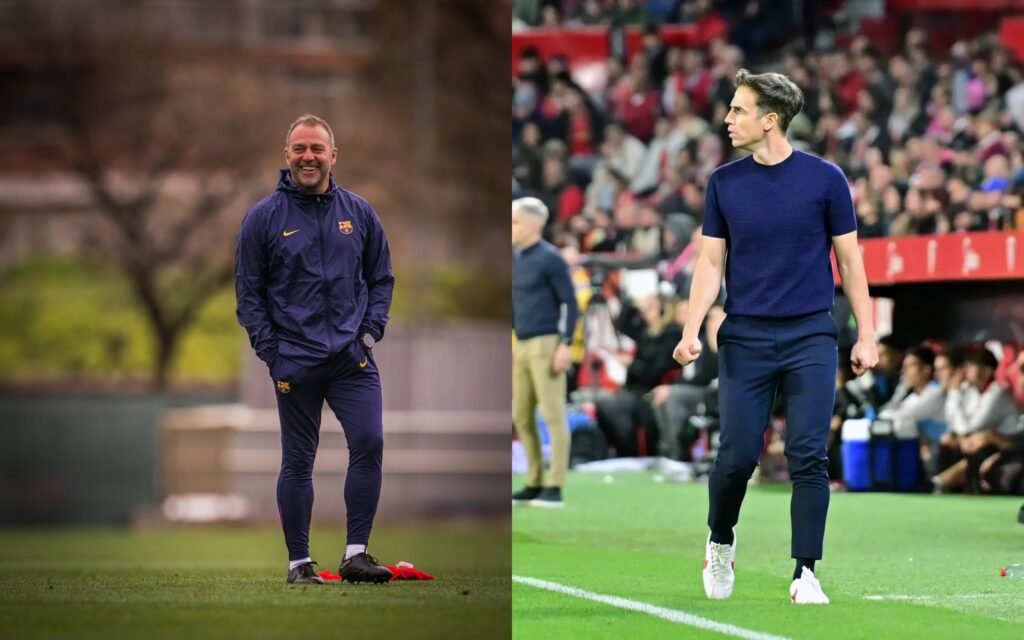 Flick e Íñigo Pérez antes del Barcelona - Rayo Vallecano