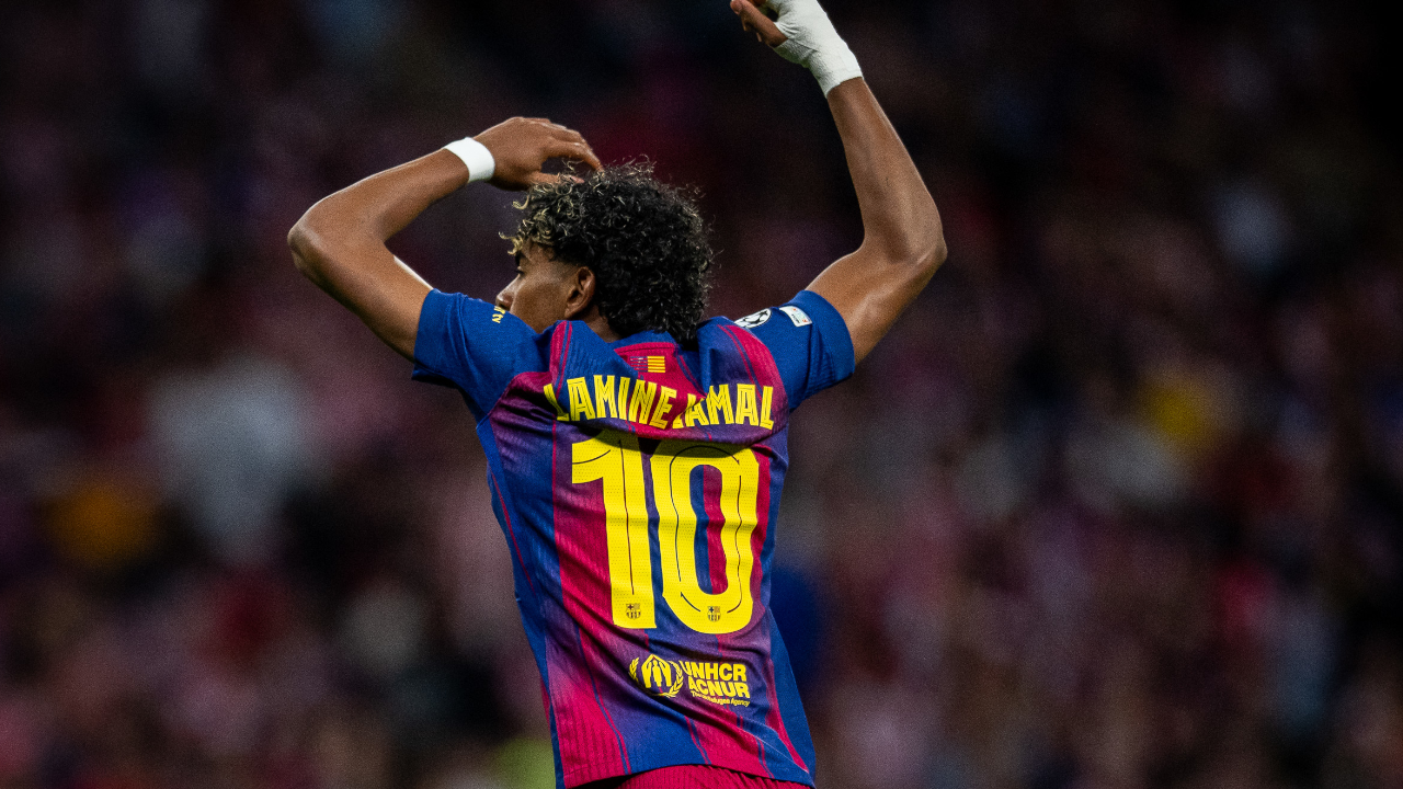 Lamine celebrando su gol contral el Atlético. Vía X/@FCBarcelona